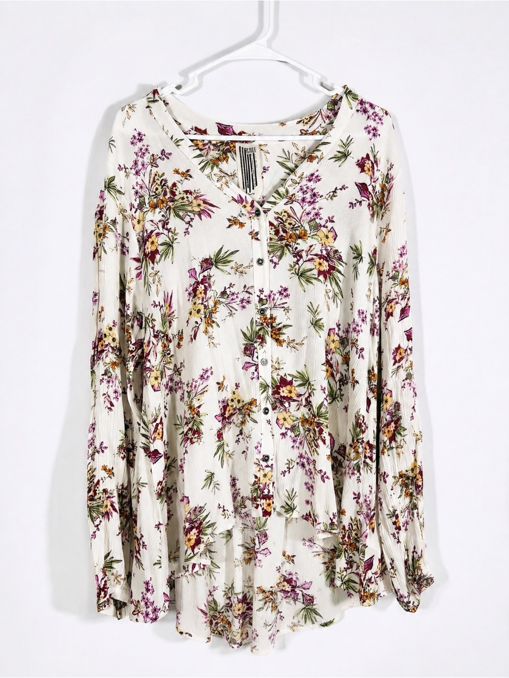 Free People Floral Button Front High Low Boho Tunic Blouse Made USA Medium